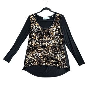 Patrizia Luca Women's S Leopard Print Mixed Media Long Sleeve High Low Tunic Top